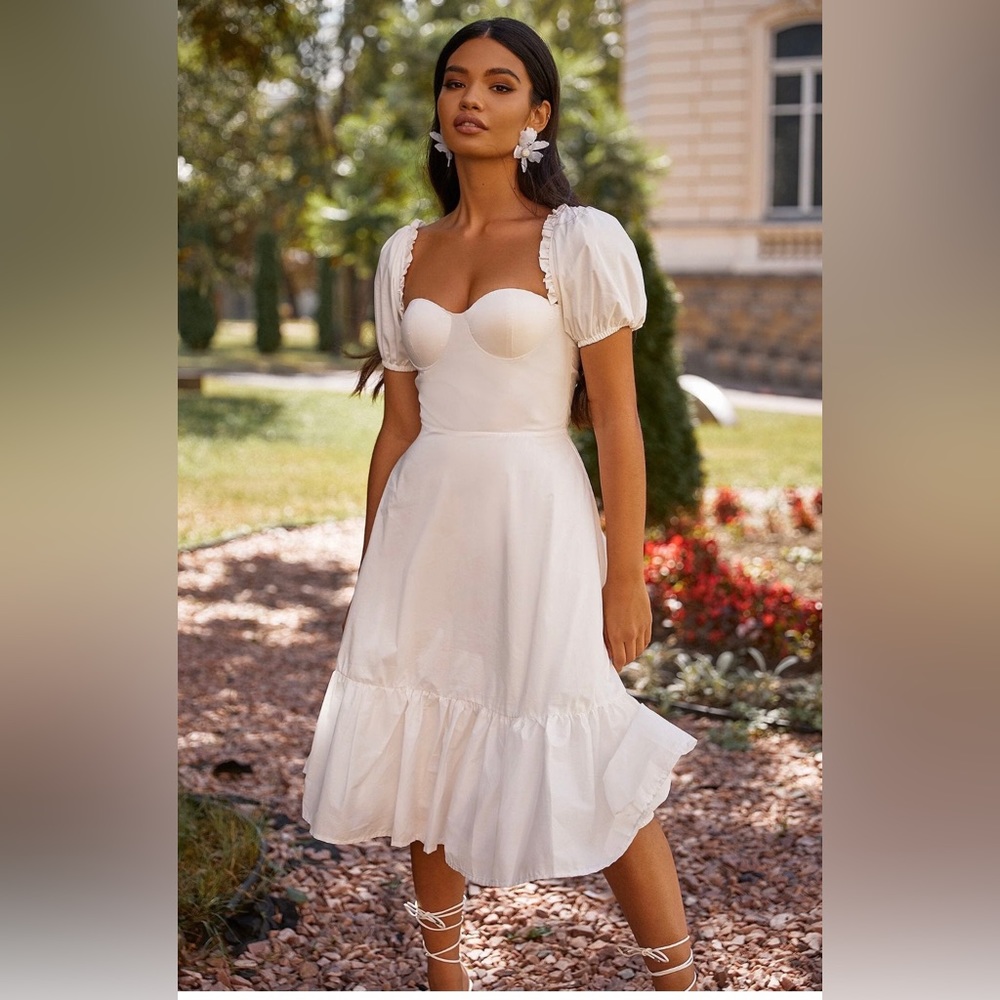 White puff sleeve midi dress Alamour